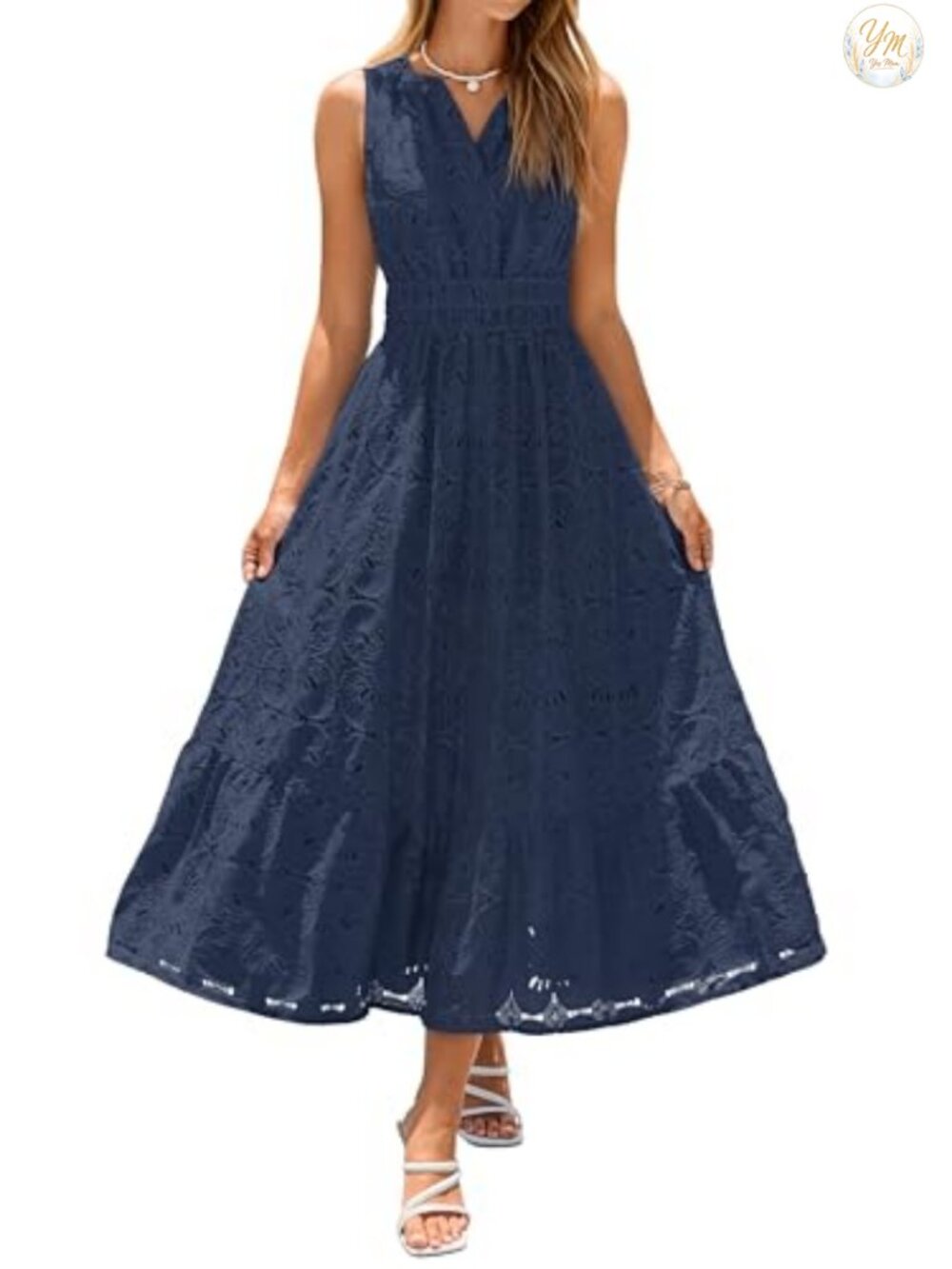 Sleeveless Eyelet Lace Maxi Dress Cotton Blend A-Line Boho Sundress
